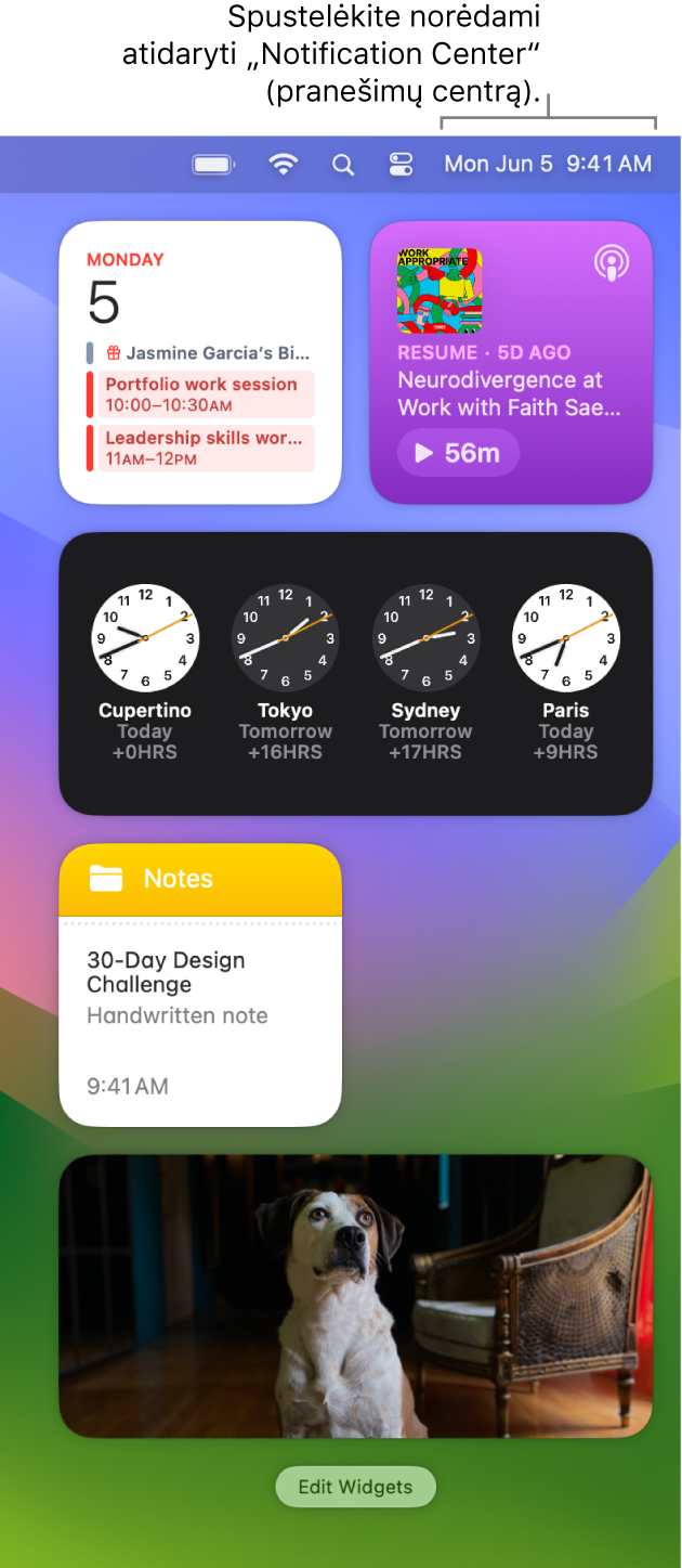 „Notification Center“ su „Photos“, „Home“, „Calendar“ ir „ScreenTime“ pranešimais ir valdikliais.