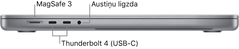 Skats uz 16 collu MacBook Pro datora kreiso pusi ar remarkām pie MagSafe 3 porta, diviem Thunderbolt 4 (USB-C) portiem un austiņu ligzdas.