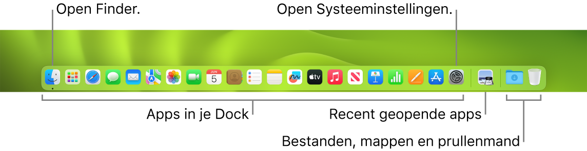 Het Dock, met daarin de Finder, Systeeminstellingen en de scheidingslijn die apps van bestanden en mappen scheidt.