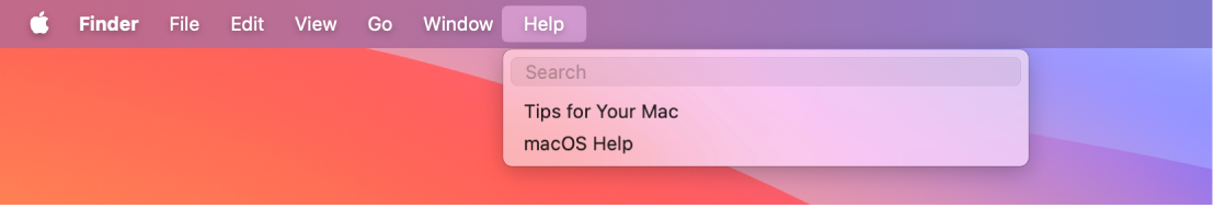 En del av et skrivebord med Hjelp-menyen åpen som viser menyvalgene Søk og Hjelp for macOS.