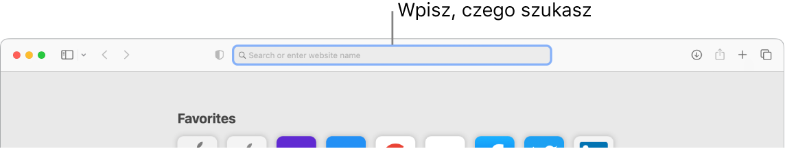 Fragment okna Safari z objaśnieniem wskazującym pole wyszukiwania na górze okna.