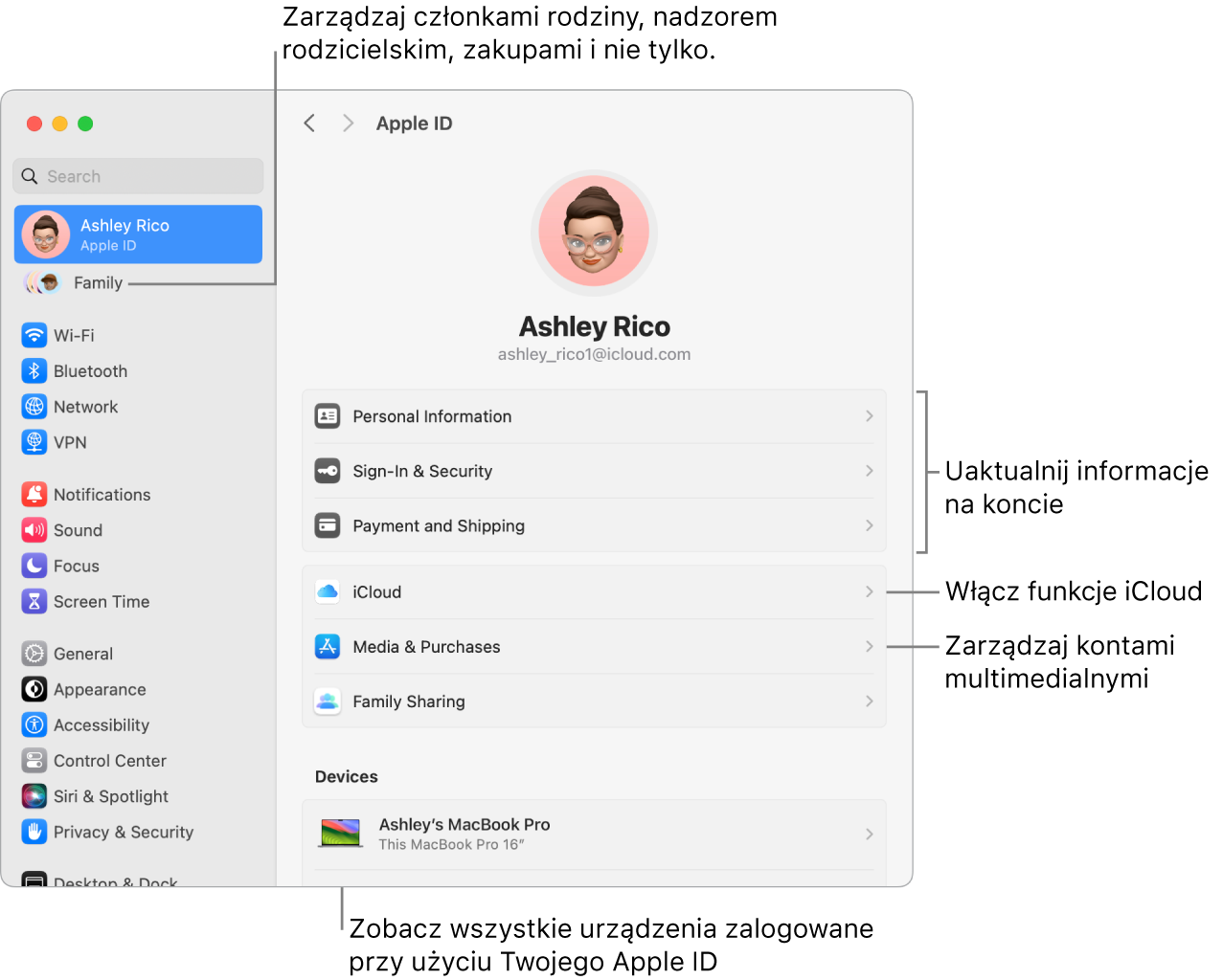 Ustawienia Apple ID w Ustawieniach systemowych z dymkami pomocy do informacji o uaktualnieniu konta, włączaniu lub wyłączaniu funkcji iCloud, zarządzaniu kontami multimedialnymi, oraz chmurą rodzinną, gdzie możesz zarządzać ustawieniami członków rodziny, nadzorem rodzicielskim, zakupami i nie tylko.