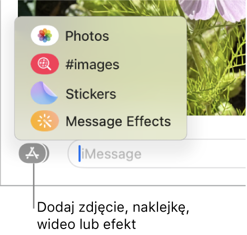 Menu aplikacji z opcjami wyświetlania zdjęć, naklejek, animacji GIF oraz efektów wiadomości.