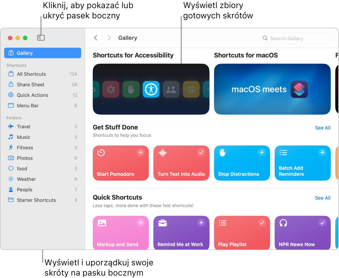 Okno aplikacji Skróty z paskiem bocznym otwartym po lewej oraz Galerią Skrótów widoczną po prawej. W lewym górnym rogu Galerii widoczny jest przycisk paska bocznego oraz strzałki nawigacji. W prawym górnym rogu znajduje się pole wyszukiwania.
