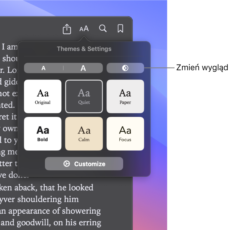 Ilustracja przedstawiająca okno aplikacji Książki oraz menu Wygląd.