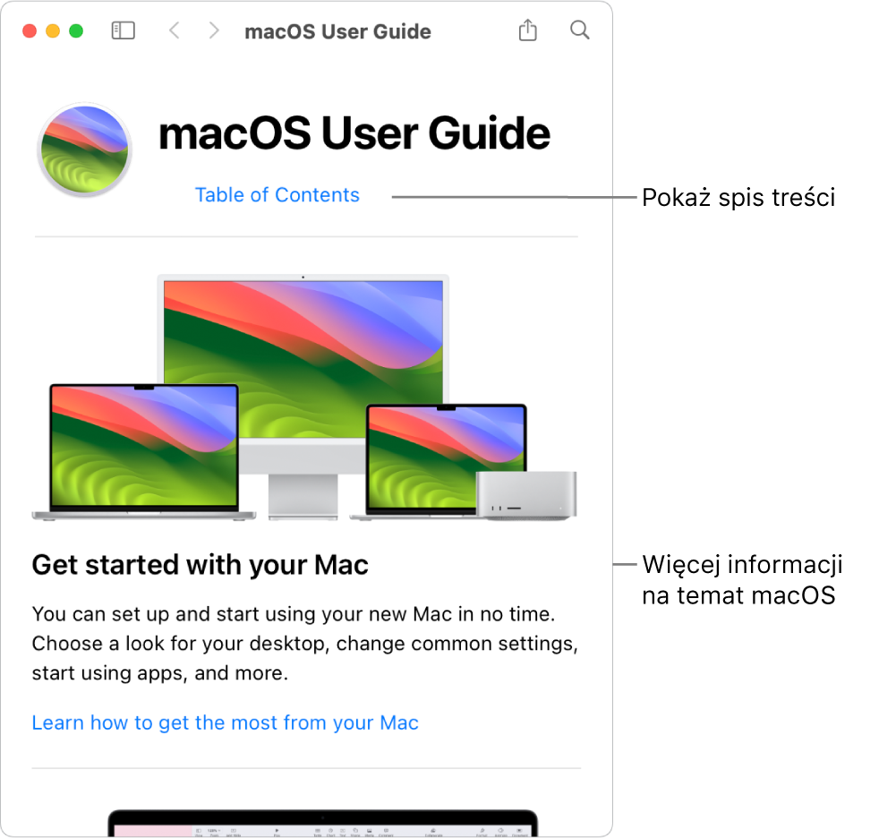 Strona powitalna Podręcznika użytkownika macOS oraz łącze do Spisu treści.