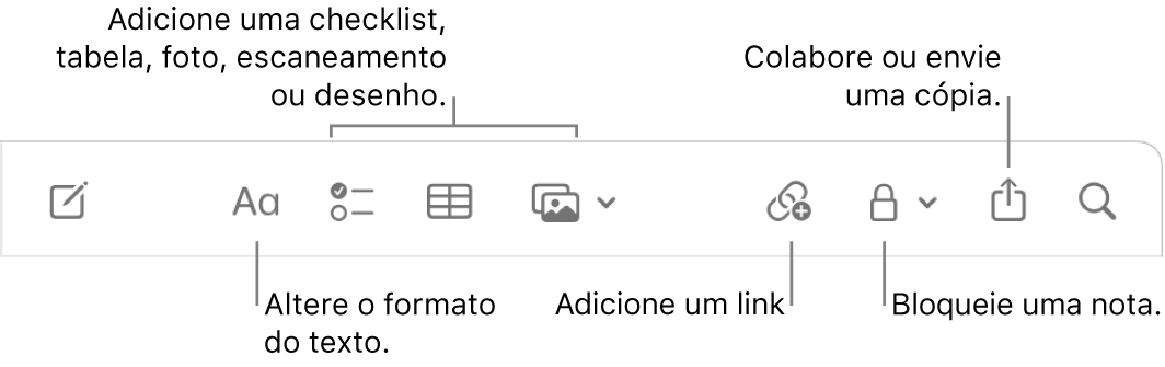 Barra de ferramentas do app Notas com chamadas para as ferramentas de formato do texto, checklist, tabela, link, fotos/mídia, bloqueio, compartilhamento e envio de cópia.