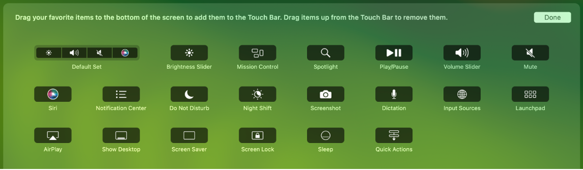 Os elementos que pode personalizar na Control Strip arrastando-os para a Touch Bar.