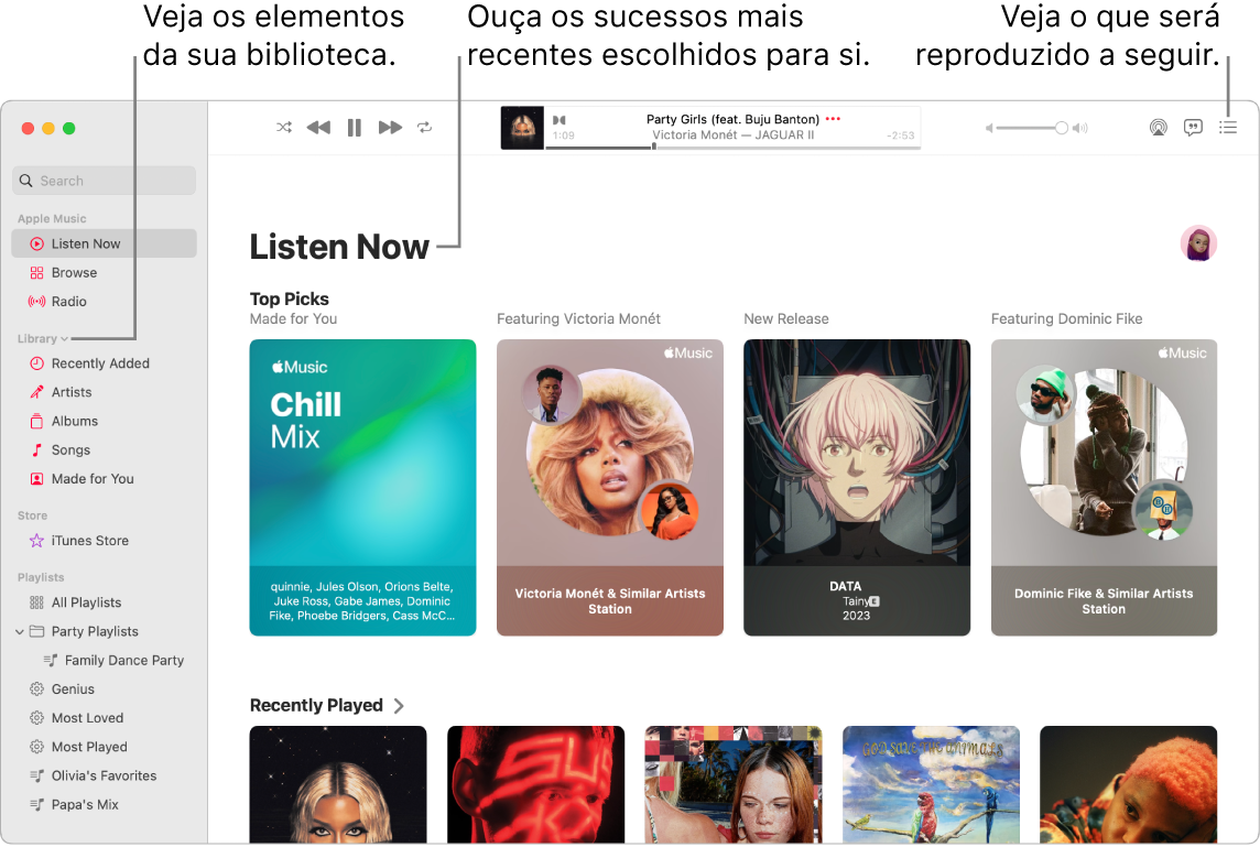 Uma janela da aplicação Música mostra como ver a biblioteca, ouvir Apple Music e ver o que será reproduzido de seguida.