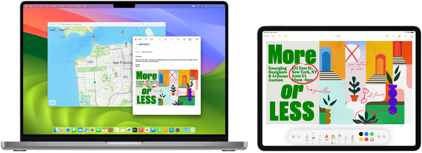 Un MacBook Pro și un iPad, unul lângă celălalt. Ecranul iPad-ului prezintă un fluturaș cu adnotări. Ecranul MacBook Pro-ului are un mesaj Mail cu fluturașul adnotat de pe iPad drept fișier atașat.