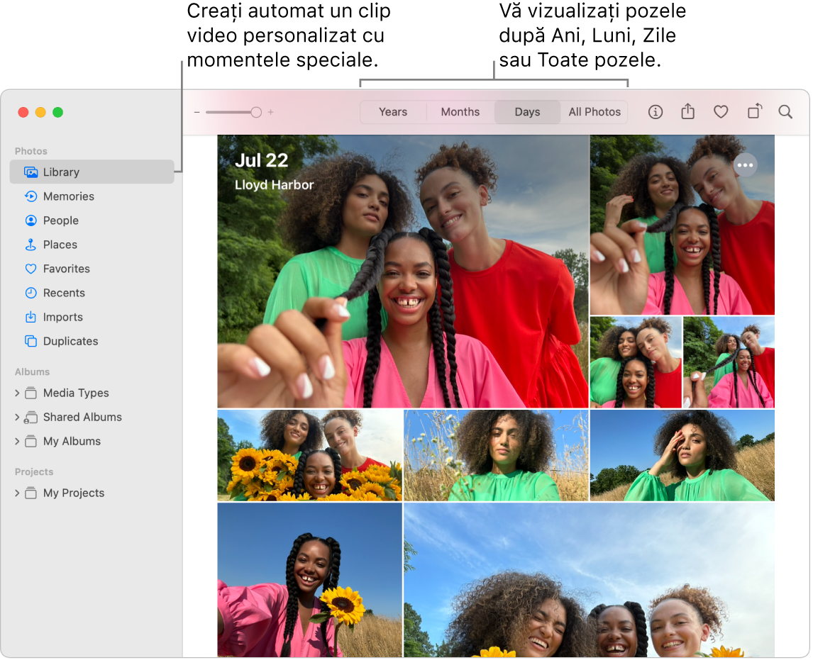 Fereastra Poze afișând funcționalitatea Amintiri în bara laterală din stânga și meniul pop‑up în partea de sus a ferestrei Poze, unde puteți vizualiza pozele din albumul dvs. după zi, lună și an.