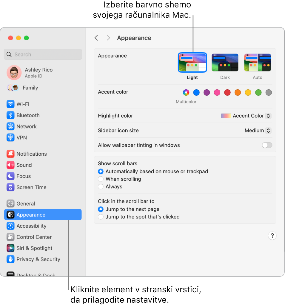 Okno Appearance v možnosti System Settings.