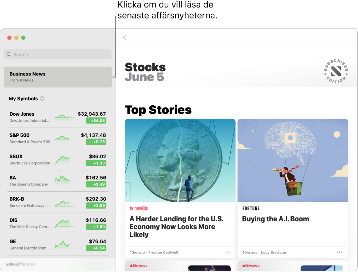 Aktier-panel som visar börskurser i en visningslista med tillhörande toppartiklar.
