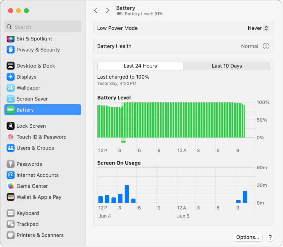 Batteri-inställningsfönstret visar strömförbrukningen de senaste tio dagarna. Fönstret visar också att batterihälsan är normal och det finns ett alternativ för att slå på strömsparläge.