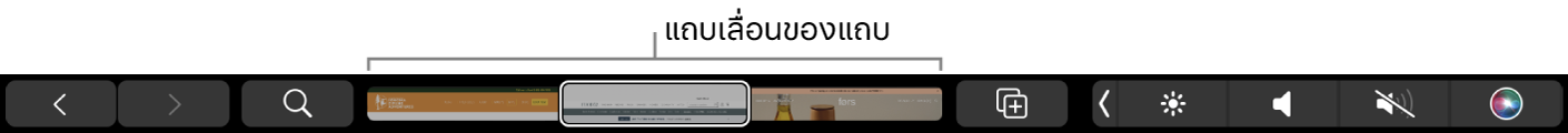 Touch Bar ของ Safari ที่มีลูกศรถอยกลับและไปข้างหน้า ปุ่มค้นหา แถบเลื่อนแถบ และปุ่มเพิ่มที่คั่นหน้า