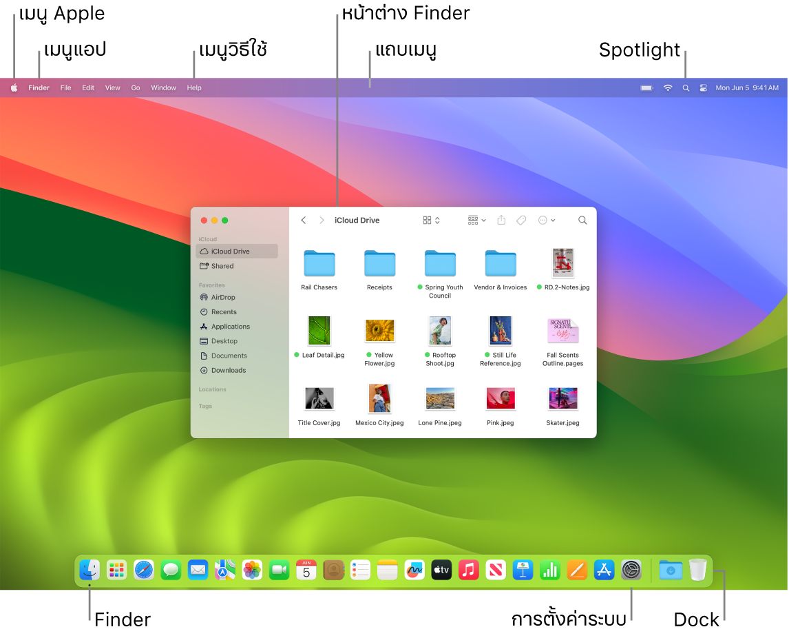 หน้าจอ Mac ที่แสดงเมนู Apple, เมนูแอป, เมนูวิธีใช้, หน้าต่าง Finder, แถบเมนู, ไอคอน Spotlight, ไอคอน Finder, ไอคอนการตั้งค่าระบบ และ Dock