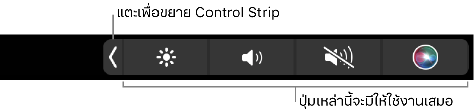หน้าจอส่วนหนึ่งของ Touch Bar เริ่มต้นที่แสดง Control Strip ที่ยุบที่มีปุ่มที่พร้อมใช้งานเสมอ: ความสว่าง ระดับเสียง และปิดเสียง แตะเพื่อปุ่มขยายเพื่อแสดง Control Strip แบบเต็ม