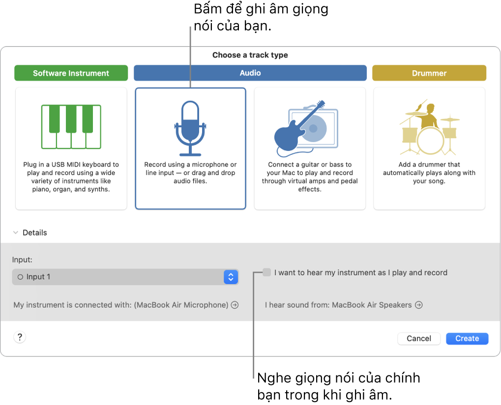 Khung nhạc cụ GarageBand đang hiển thị nơi cần bấm để ghi âm giọng hát và cách nghe chính bạn trong khi ghi âm.