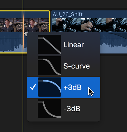 Optionen für Ein-/Ausblendungen im Kontextmenü eines Clips in der Timeline