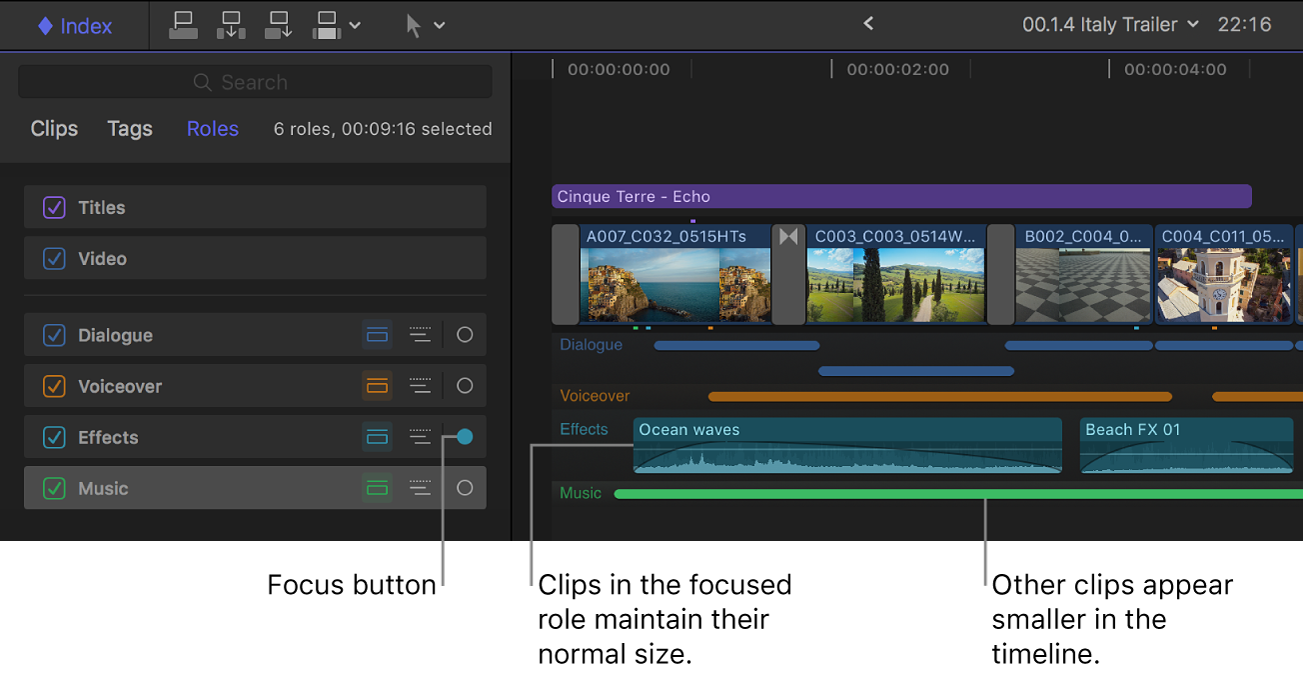 Der Timeline-Index mit hervorgehobener Taste „Fokus“ für die Rolle „Effekte“ und die Timeline, in der andere Audiorollen minimiert sind