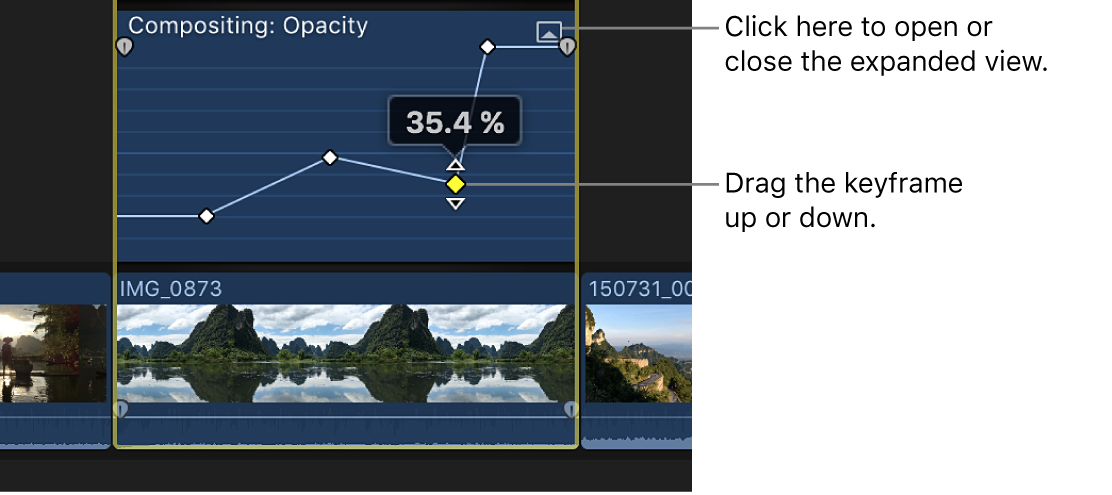 Ein Keyframe wird im Videoanimations-Editor bewegt, um den Parameterwert zu ändern