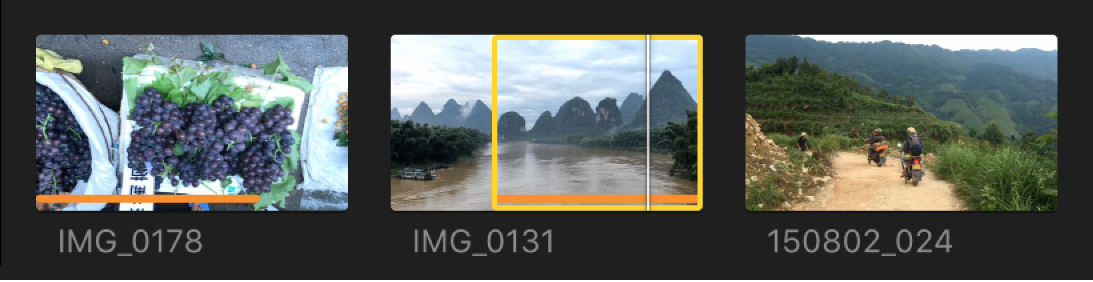 Ein Clip in der Übersicht mit ausgewähltem Bereich und gelber Umrandung und einer orangefarbenen Linie darunter