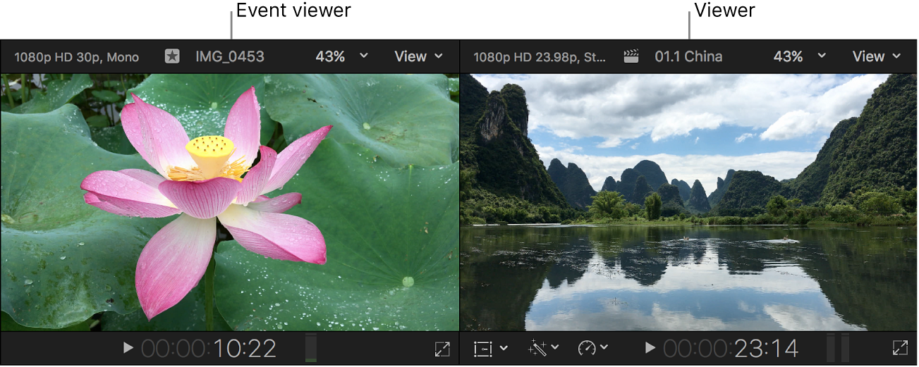 The viewer and the event viewer shown side by side