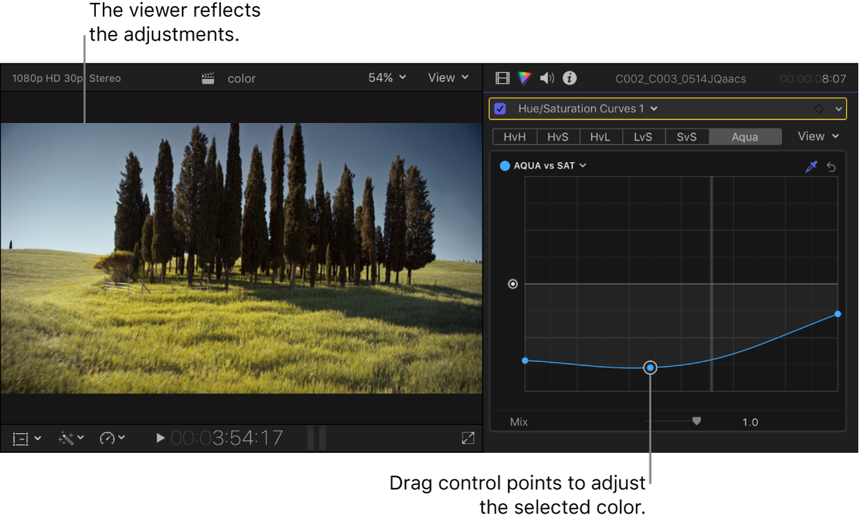 The viewer on the left showing the saturation change, and the Color inspector on the right showing adjusted control points on the Aqua vs Sat curve