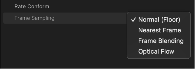 The Frame Sampling pop-up menu in the Rate Conform section of the Video inspector