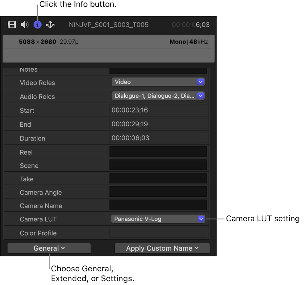 Inspector de información con el ajuste “LUT de cámara” disponible en la vista de metadatos General