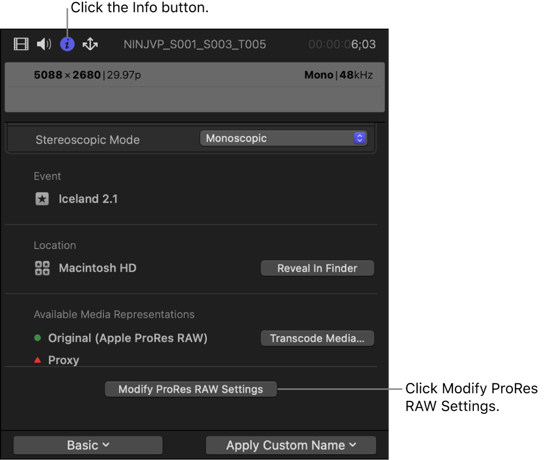 El inspector de información con el botón “Modificar ajustes de ProRes RAW”