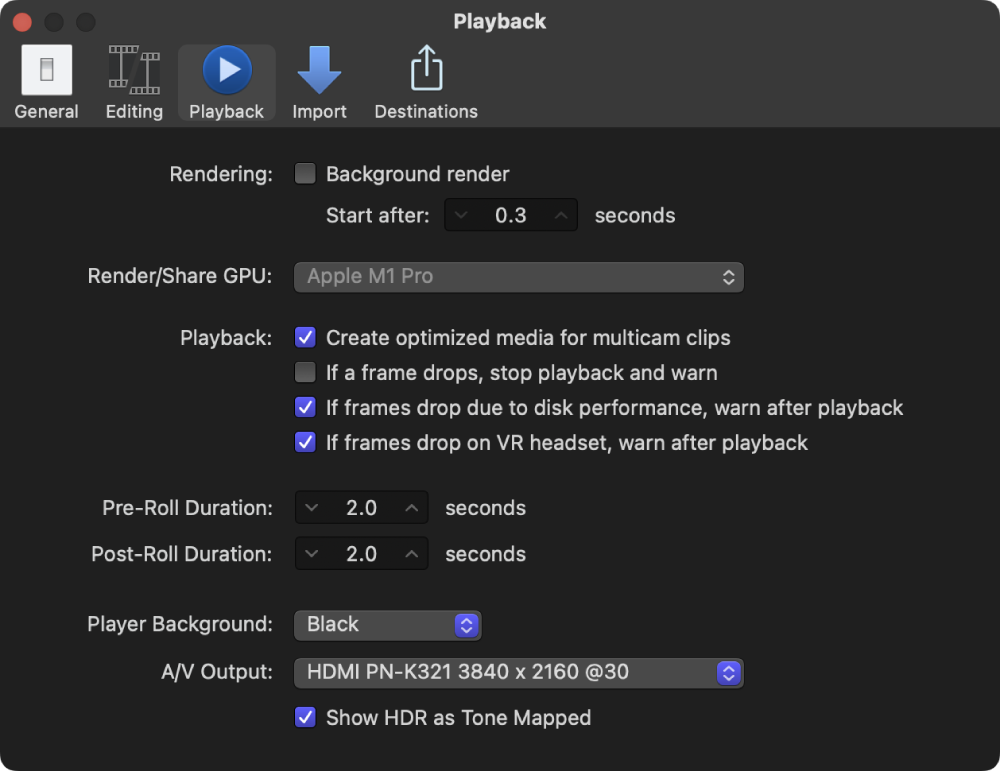 El panel Reproducción de la ventana Ajustes de Final Cut Pro