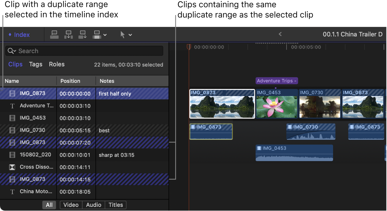 Un clip con un rango duplicado seleccionado en el índice de la línea de tiempo. El clip seleccionado y otros dos clips con el mismo rango duplicado aparecen indicados con sendas líneas diagonales azules. Los clips con otros rangos duplicados aparecen con líneas diagonales grises.