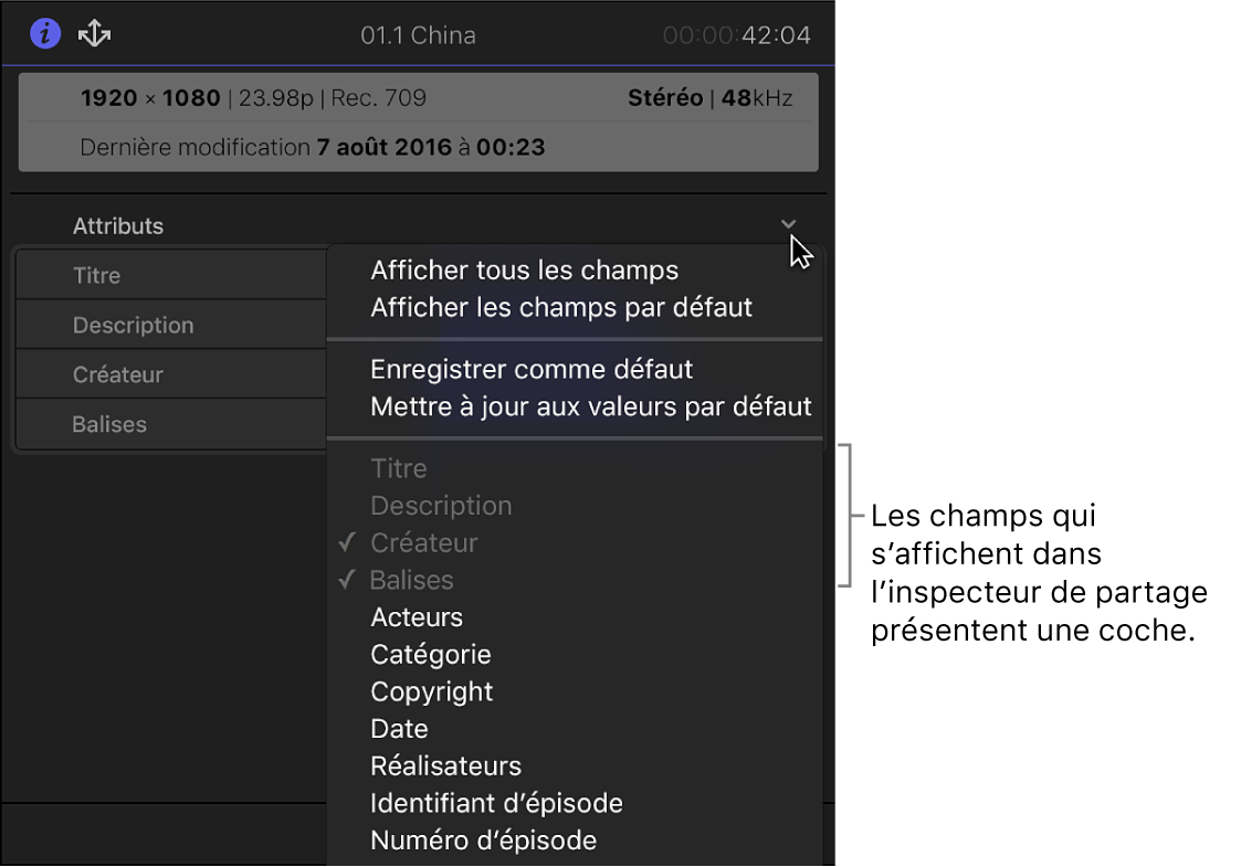 Options du menu local Attributs dans l’inspecteur de partage