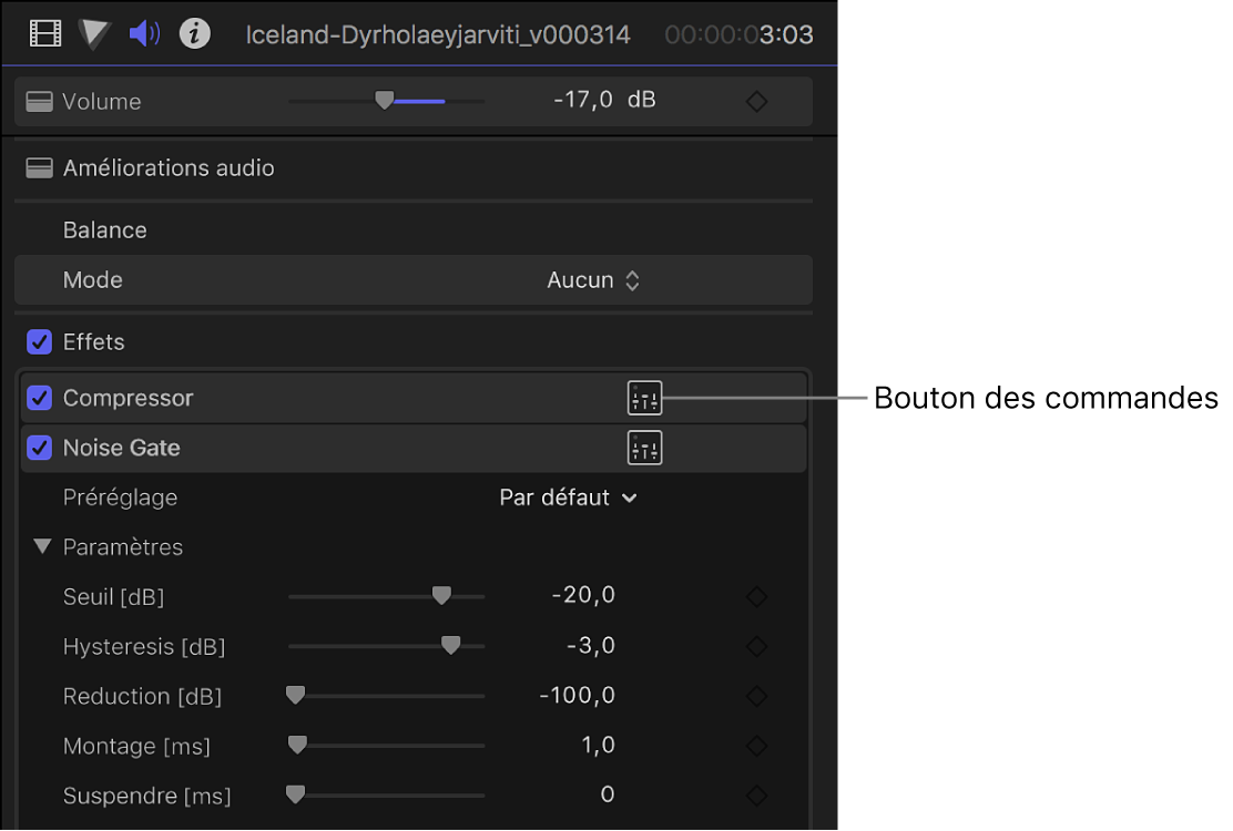 Bouton Commandes d’un effet dans la section Effets de l’inspecteur audio