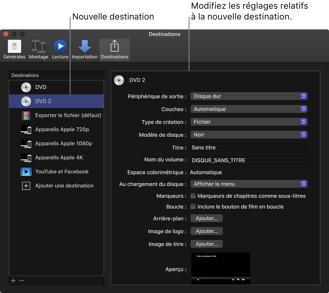 Sous-fenêtre Destinations de la fenêtre Réglages de Final Cut Pro montrant une destination de DVD dupliqué, sélectionnée dans la liste de gauche