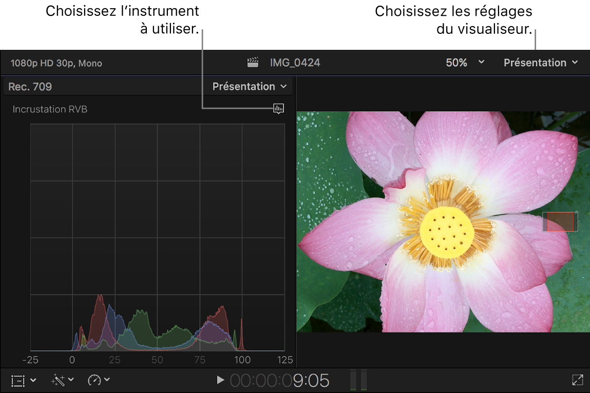 Histogramme Incrustation RVB à gauche du visualiseur