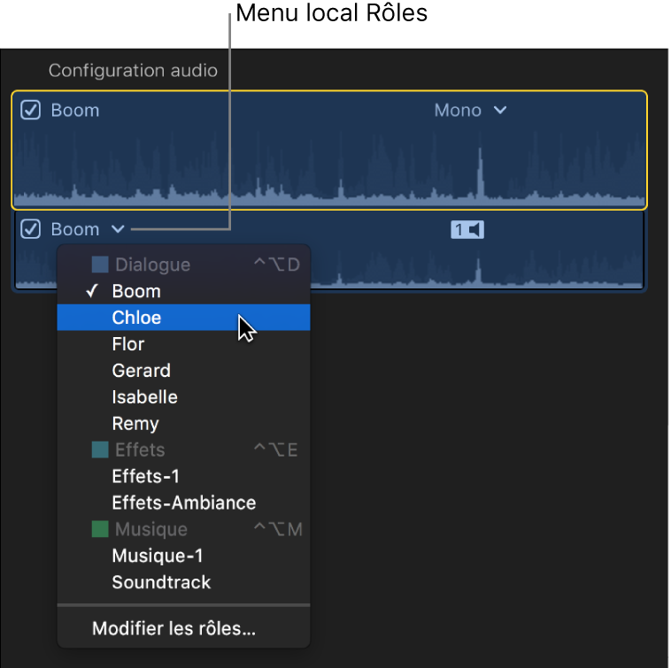 Menu local Rôles d’un composant audio