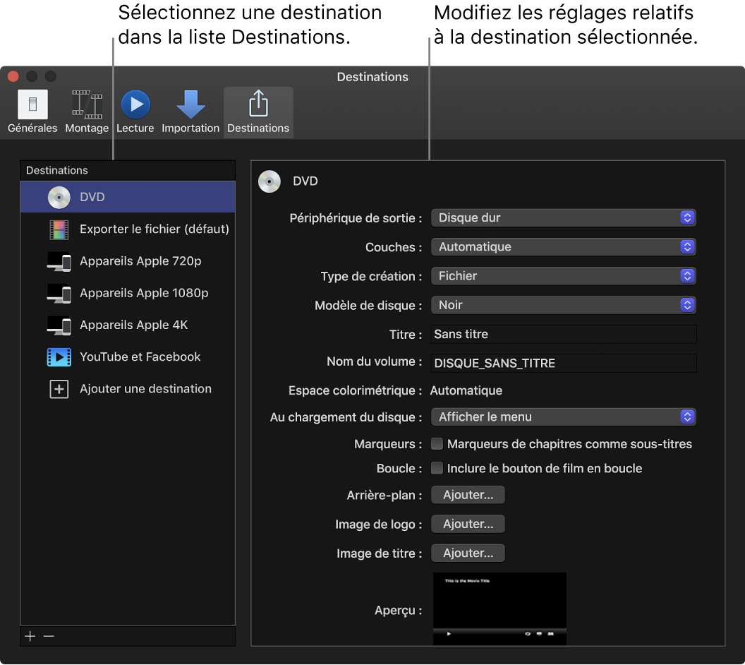 Sous-fenêtre Destinations de la fenêtre Réglages de Final Cut Pro avec l’option Destination DVD sélectionnée dans la liste de gauche