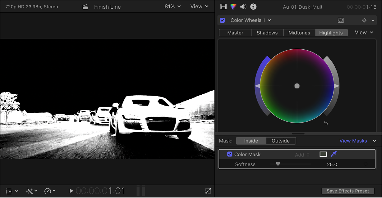 「カラー」インスペクタには「カラーホイール」エフェクトが表示され、ビューアにはカラーマスクのアルファチャンネルが表示されている