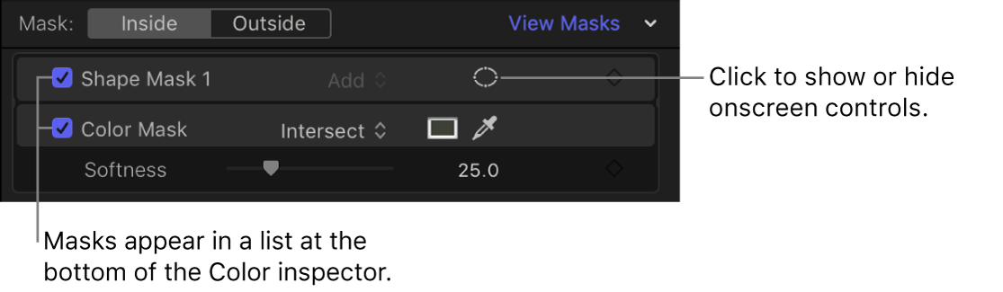 모양 마스크 및 색상 마스크의 색상 수정을 보여주는 색상 인스펙터의 마스크 목록