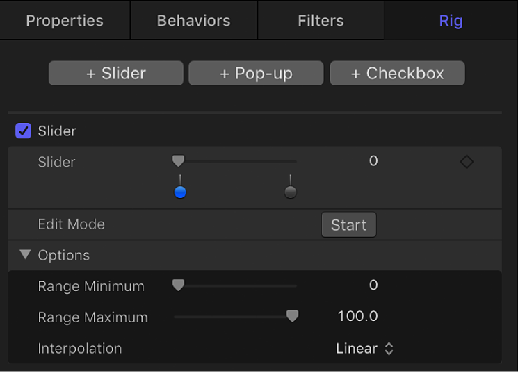 Informationsfenster „Widget“ mit Parametern für „Regler“