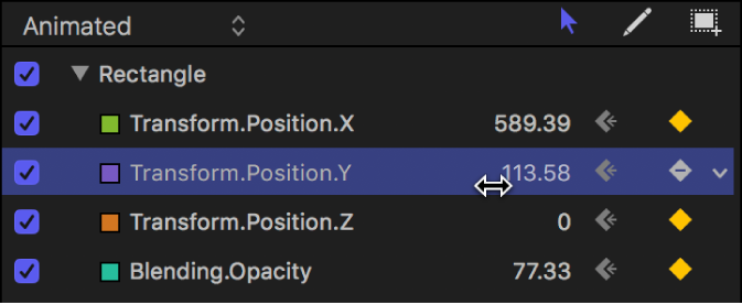 Keyframe-Editor-Einblendung mit dem Werteregler für den Parameter