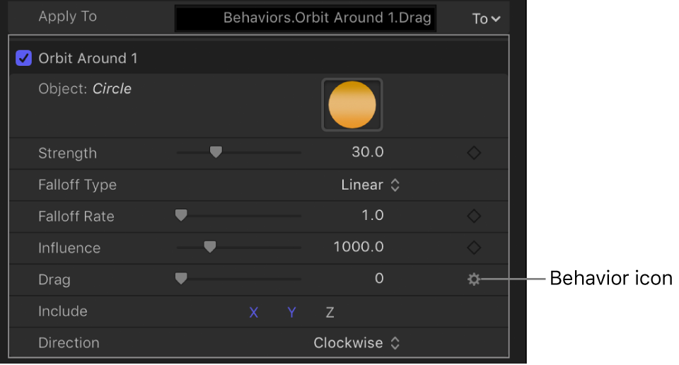 Verhaltenssymbol über der Keyframe-Taste des beeinflussten Parameters