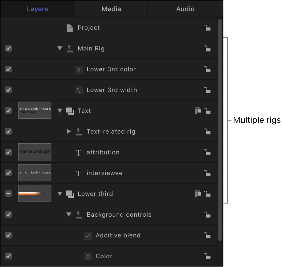 Liste „Ebenen“ mit mehreren Rigs