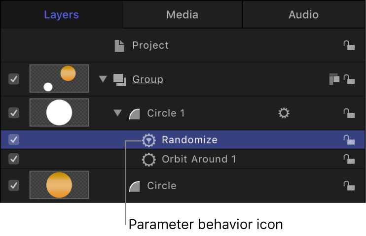 Layers list showing a parameter behavior applied to an object