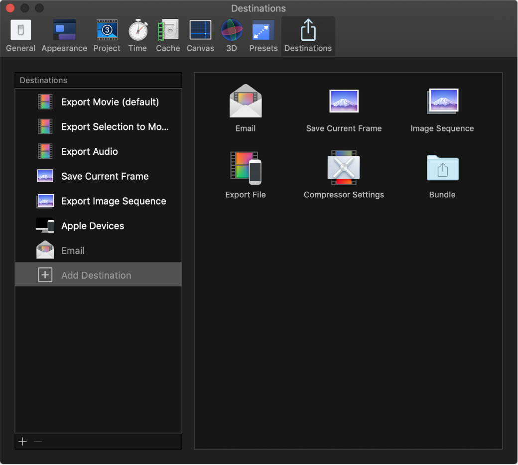 Motion Settings window showing Destinations pane