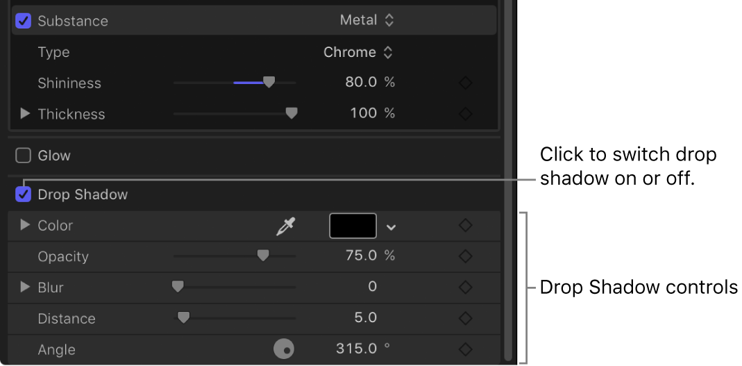 Drop Shadow Controls in the Appearance pane of the Text Inspector