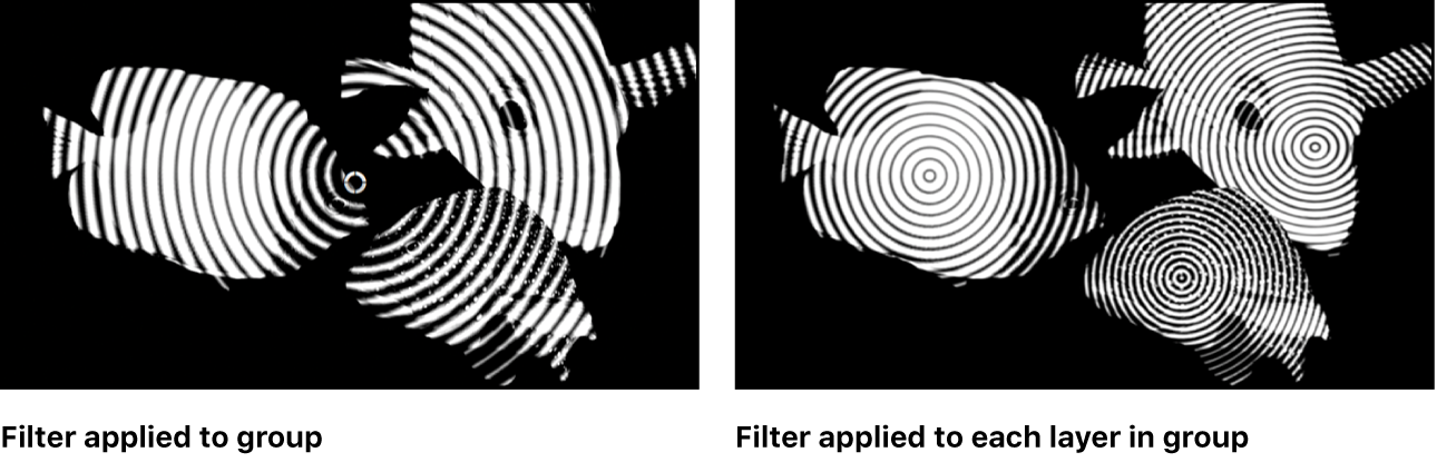 Canvas showing relative effect of a filter applied once to a group or multiple times to each object within the group