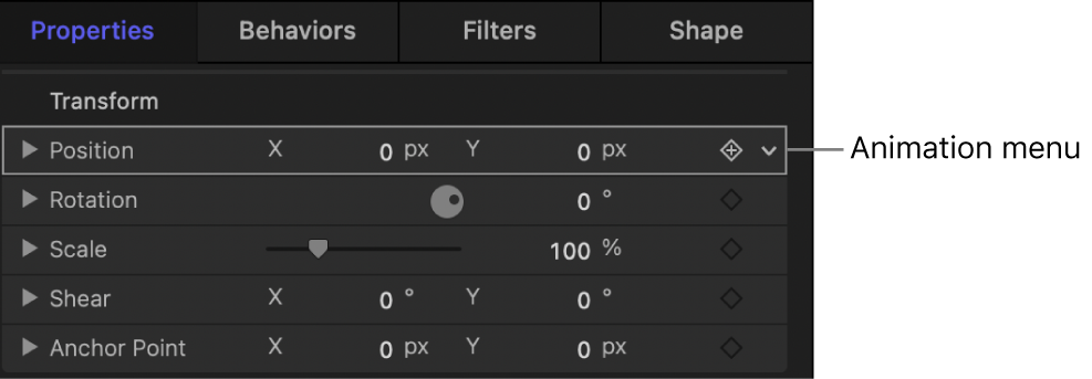 Behaviors Inspector showing the Position parameter’s Animation menu (down arrow)